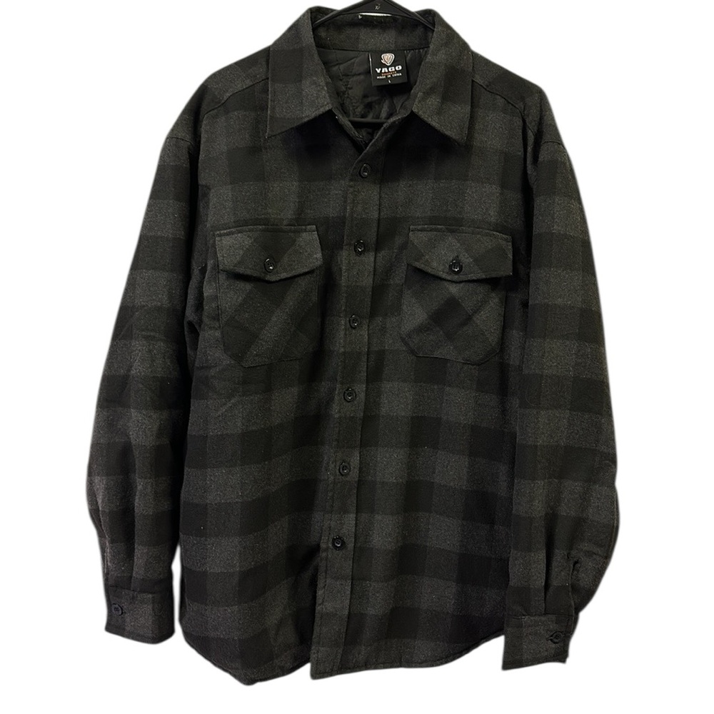 Yago Quilted Button Up Plaid Flannel Pocket Shirt Jacket Black Gray Mens Large